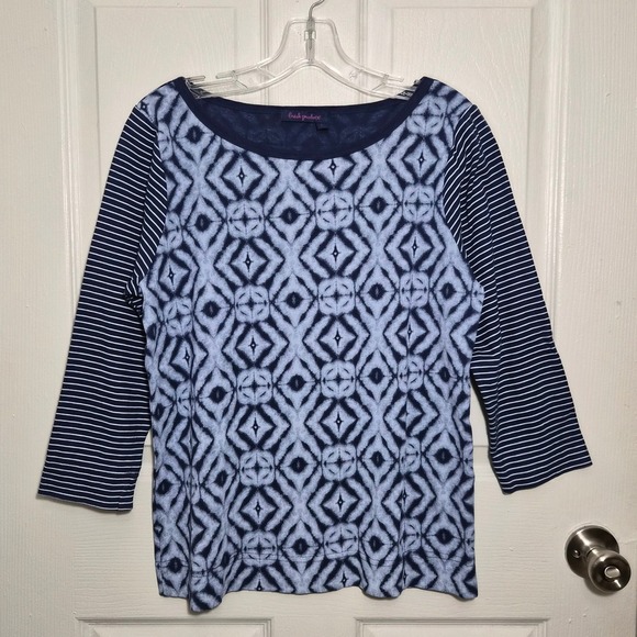 Fresh Produce Women's L Top 3/4 Sleeve Blue Diamond Stripe Casual Shirt - Picture 1 of 5